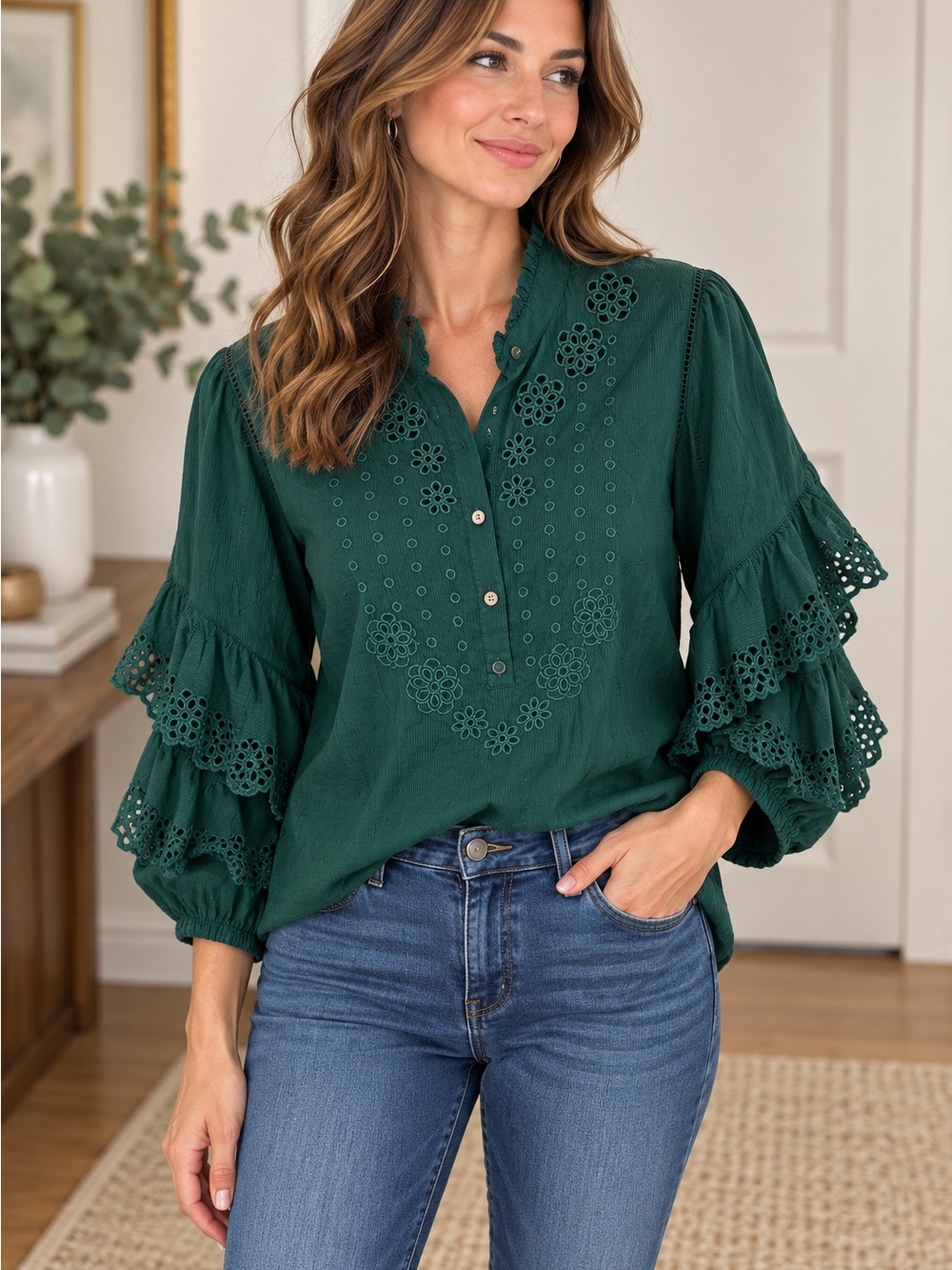 J.Crew NWT XXS Dark Spruce Green Embroidered Eyelet Ruffle Sleeve Top